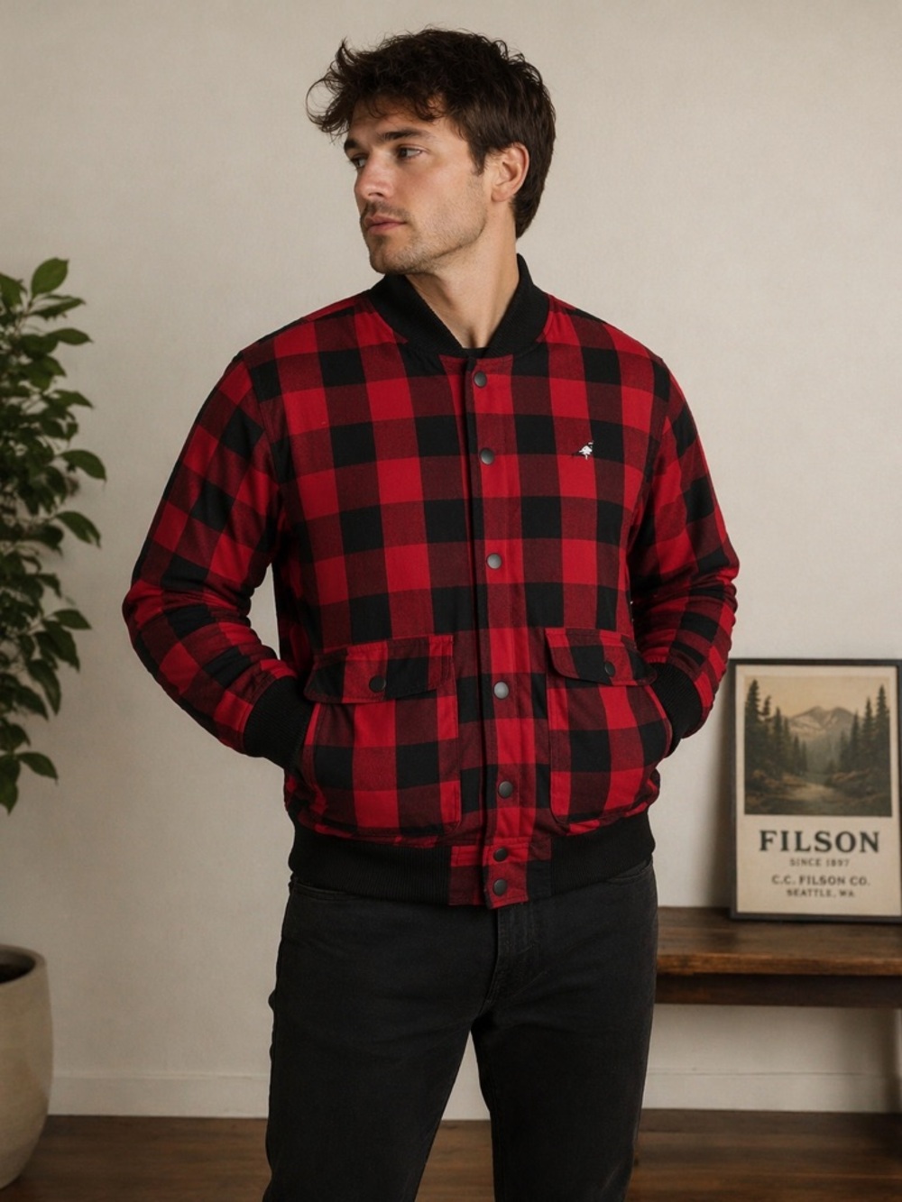 Rare STAPLE BROADWAY REVERSIBLE JACKET PIGEON LOGO Plaid Black red / Dark Olive